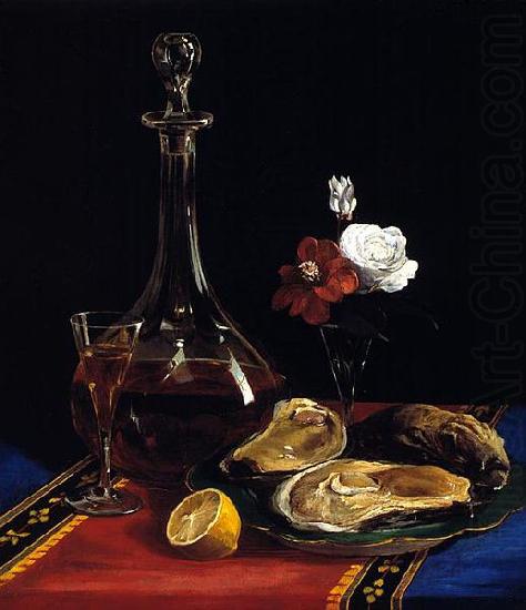 still life by Adalbert John Volck, showing decanter of wine, oysters, small vase of flowers, slice of lemon, Adalbert John Volck